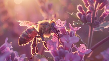 A bee anthophila collecting pollen closeup : Generative AI - obrazy, fototapety, plakaty