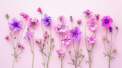 Creative layout made with pink and violet flowers on bright background Flat lay Spring minimal...