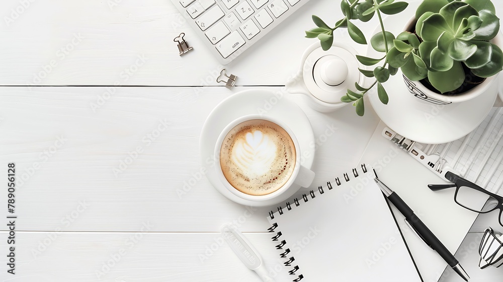 Poster Styled stock photography white office desk table with blank notebook computer supplies and coffee cup Top view with copy space Flat lay : Generative AI