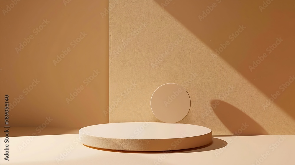 Poster Blank round geometric shape podium platform on paper cut abstract minimal geometric shape light brown background Top view mock up for product display : Generative AI