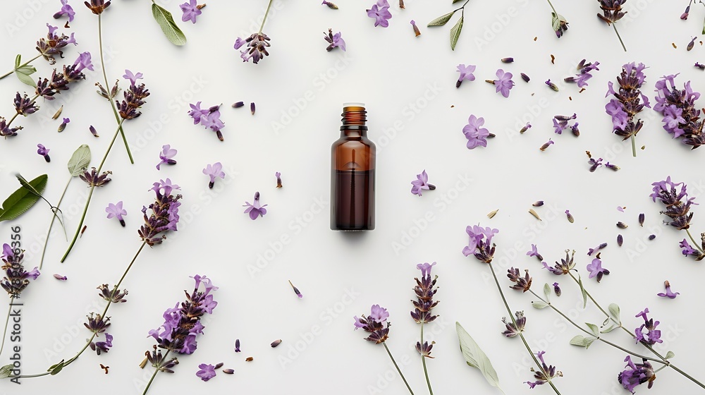 Poster lavender essential oil in bottle fresh flowers and leaves isolated on white background creative layo