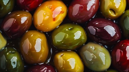 Full frame close up variety of oily olives : Generative AI