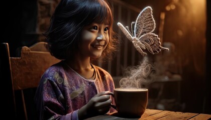 Girl Smiling at a Magical Butterfly Illustration