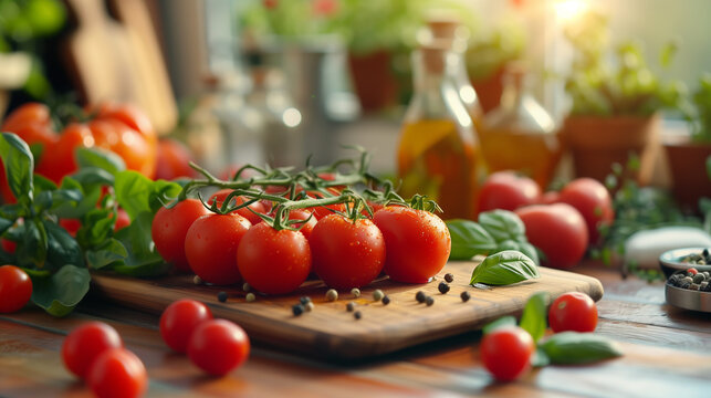 A wooden cutting board with a bunch of ripe tomatoes and basil leaves