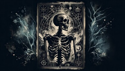 Skeletal Tarot Card with Mystical Symbols - obrazy, fototapety, plakaty