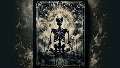 Skeletal Tarot Card with Mystical Symbols