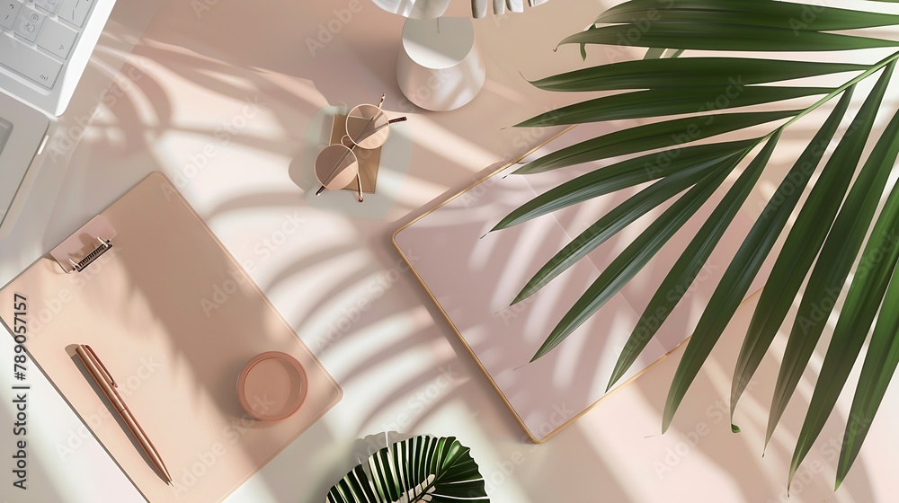 Aufkleber home office workspace mockup with laptop clipboard palm leaf notebook and accessories flat lay top v