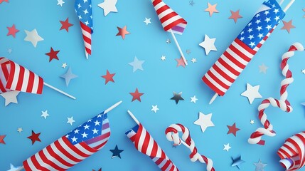USA Independence day concept USA flags and Red and blue spirals and white stars top view flat lay on blue background with copy space : Generative AI