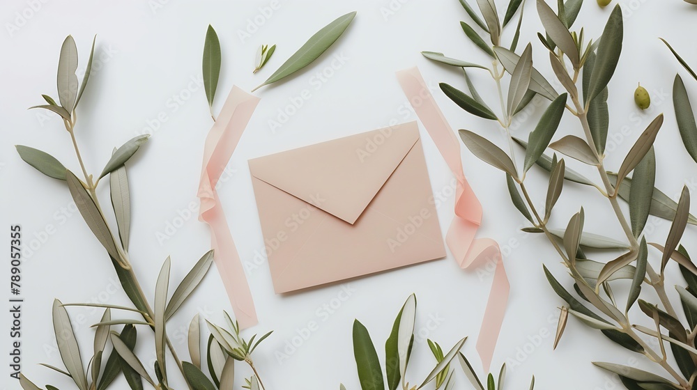 Aufkleber summer wedding stationery mockup scene blank vertical greeting card craft paper envelope and olive b