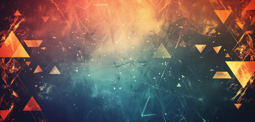 Vibrant abstract background with red to blue gradient and geometric shapes.