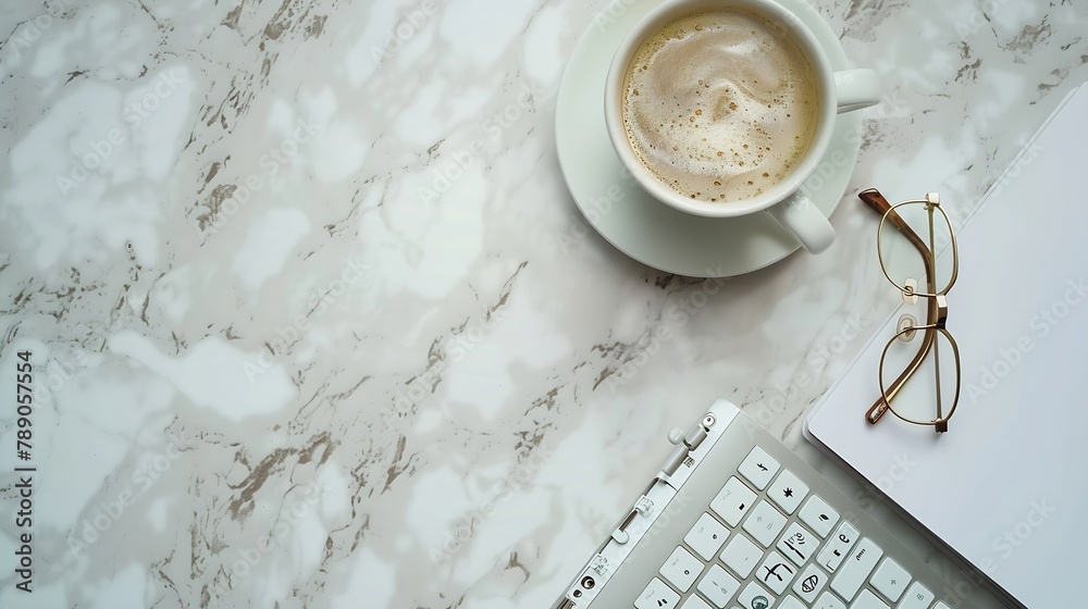 Aufkleber home office desk table with keyboard coffee cup eyeglasses paper notebooks on marble background flat