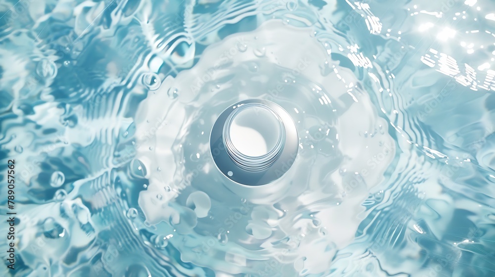 Poster skin care product mock up on water surface water ripples from top angle flat lay of ocean waves with