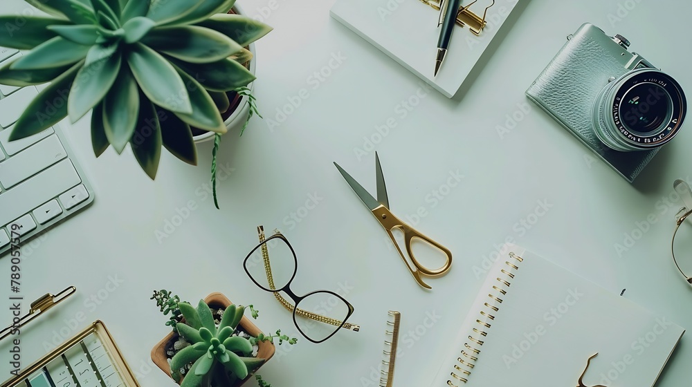 Poster Flat lay top view office table desk feminine desk workspace with succulent retro camera scissors diary glasses and golden clips on white background : Generative AI
