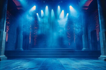 An atmospheric empty stage set with blue lighting and a smokey ambiance creates a feeling of anticipation