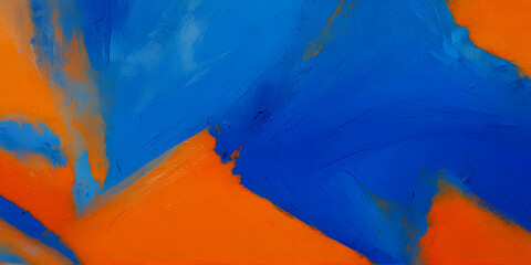  Closeup of Abstract background with blue, orange and yellow oil paint strokes. Modern art.