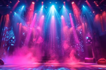 Illuminated empty concert stage with a vivid display of magenta and blue lights creating an...