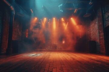 The warm glow of stage lights sets the scene for an intimate live music performance in a rustic setting - obrazy, fototapety, plakaty