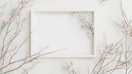 white wedding or family photo album frame with dry and fresh branches isolated on white background flat lay overhead view : Generative AI