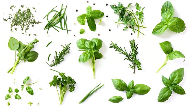 Fresh organic herbs and spices element or ornament isolated over a white background arranged bunches leaves and blades and chopped pieces of parsley chives basil and mint top view flat : Generative AI