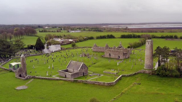 Aerial parallax of Clonmacnoise on a quiet cloudy day. Ireland