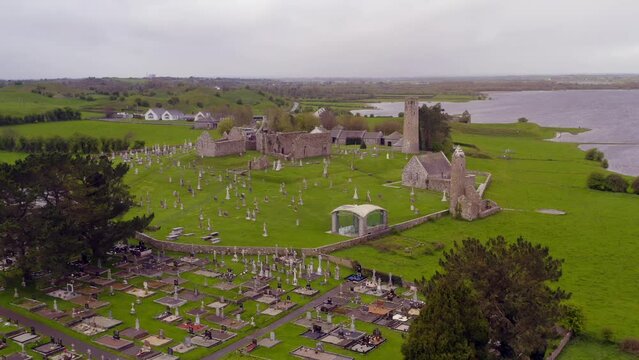 Aerial pullback of Clonmacnoise and the cemetery. County Offaly. Ireland