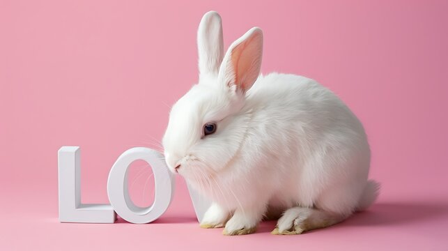 Young cute white rabbit with letters love on a pink background seen from the front