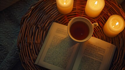 Cup of black tea stay on open paper book with scented candles on rattan table in living room top view Selective focus Good morning : Generative AI