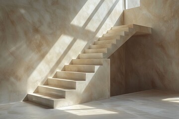 Soft sunlight streams through the window, highlighting the geometric shapes of a minimalistic staircase The warm ambience suggesting tranquility and simplicity