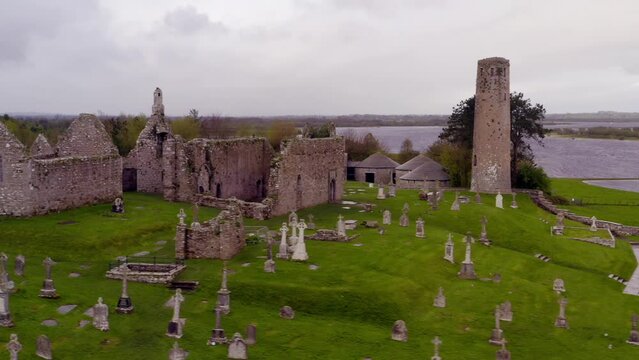 Aerial pan features the majestic Clonmacnoise. Ireland
