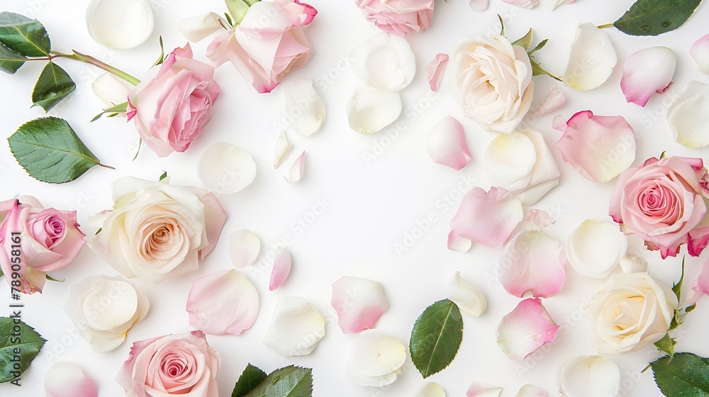 Poster flat lay frame with pink and white roses branches leaves and petals isolated on white background top view : Generative AI