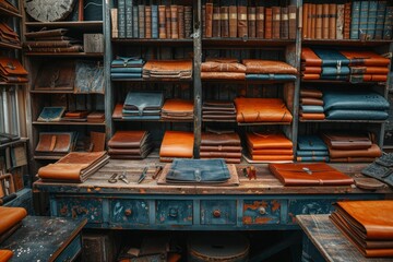 Image capturing the essence of traditional bookbinding with shelves filled with leather-bound books and tools