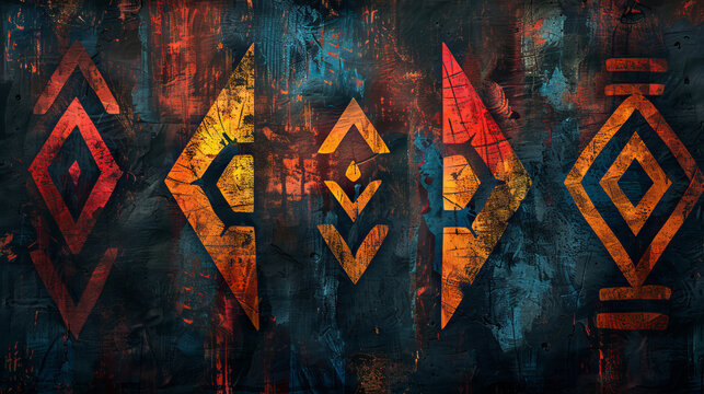 Fototapeta African, wood and graphic with geometric, background and tribal art or wallpaper texture. Traditional, decoration and illustration with 3d, carving and abstract pattern or paint for dynamic shape