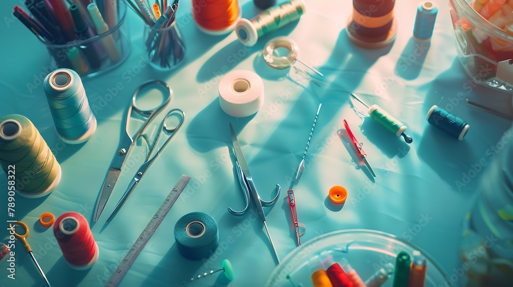 Poster sewing flat lay sewing kit needles threads buttons wire cutters scissors tape measure content for se