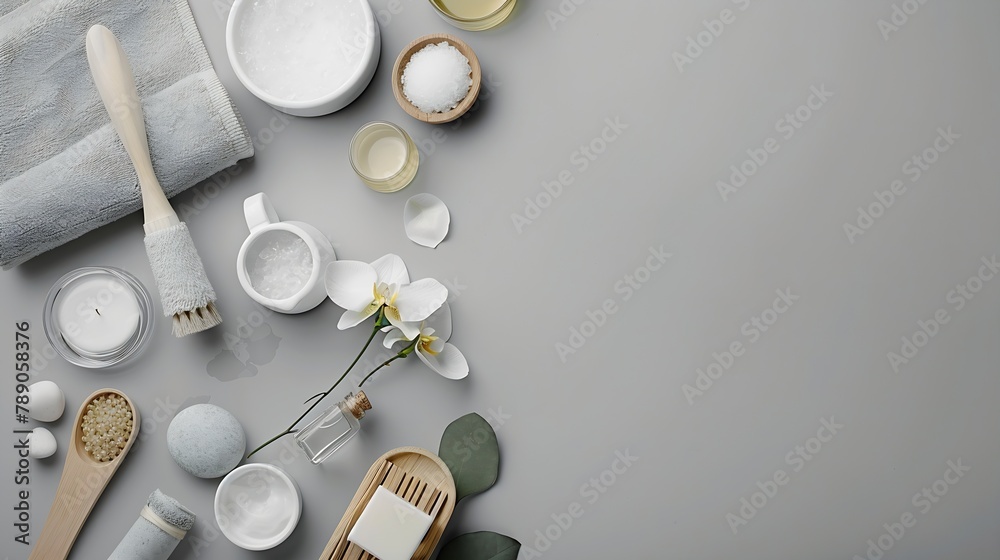 Poster various spa related objects on gray background top view body and skin care flat lay with copy space 