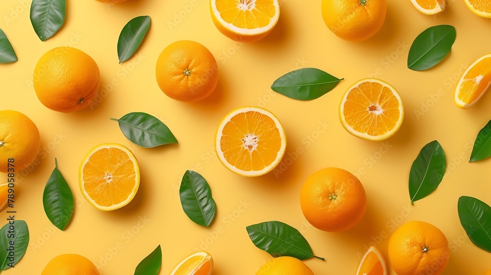 Aufkleber creative summer pattern made of oranges and green leaves on pastel yellow background fruit minimal c