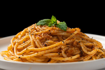 close up of traditional pasta spaghetti in plate.
