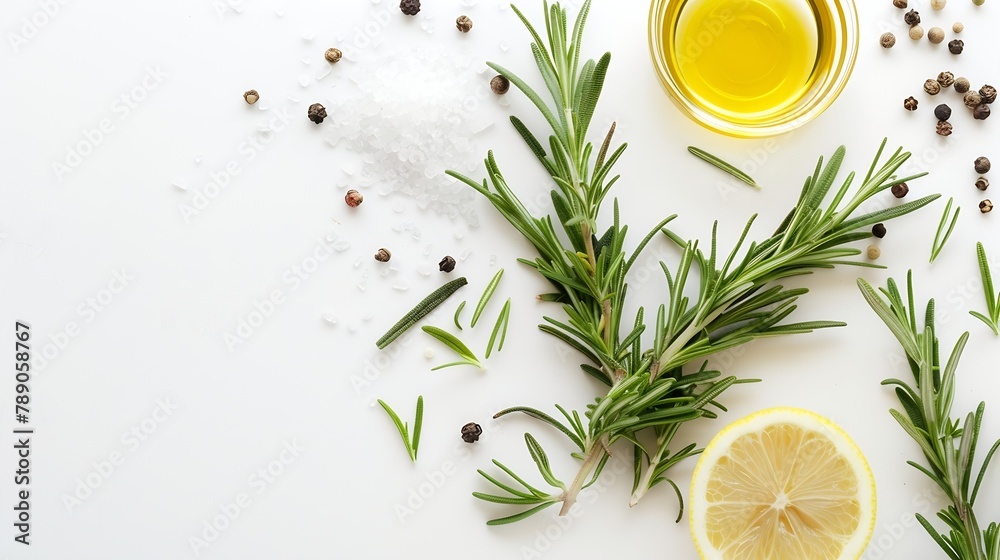 Poster bunch of green fresh rosemary with pepper salt lemon and oil on the light white background herbs and