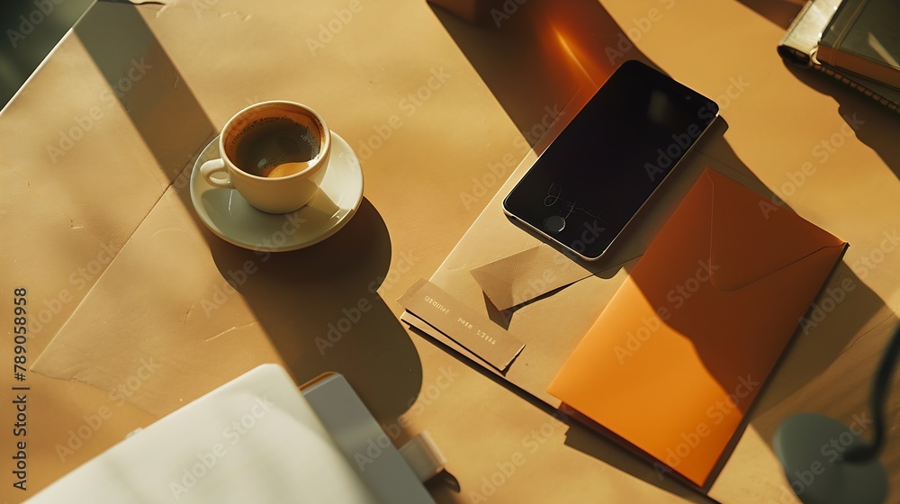 Poster Creative flat lay photo of workspace desk with smartphone coffee tag letter and notebook with copy space background minimal style : Generative AI