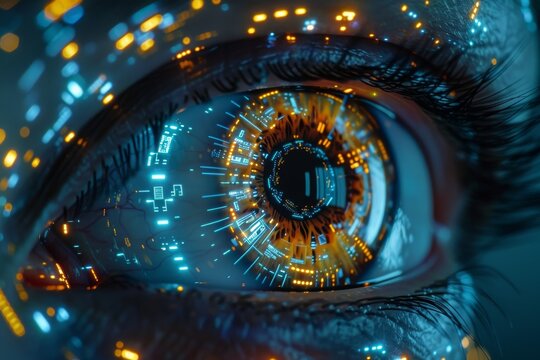 Close-up of a human eye with futuristic digital graphics representing advanced technology and artificial intelligence