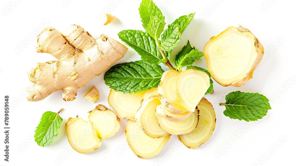 Poster Ginger root with sliced and mint leaf isolated on white background  top view  flat lay : Generative AI