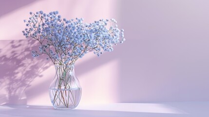 Glass vase of blue gypsophila flowers on white table pink wall background home decor : Generative AI