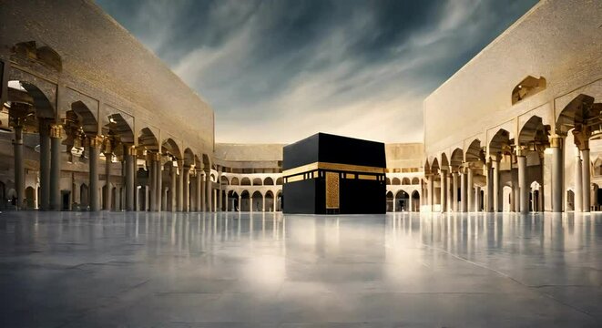 A Sacred Holy Place for Muslims Around the Globe.  4K Footage: Muslim Pilgrims Circumambulating the Kaaba at Masjidil Haram in Makkah, Saudi Arabia