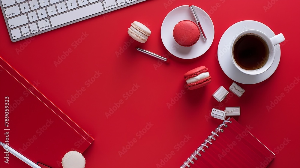 Poster styled stock photography red office desk table with blank notebook keyboard macaroon supplies and co