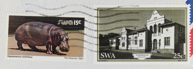 stamps vintage retro old antique south afrika building animal walve cancellation original post letter mail - obrazy, fototapety, plakaty