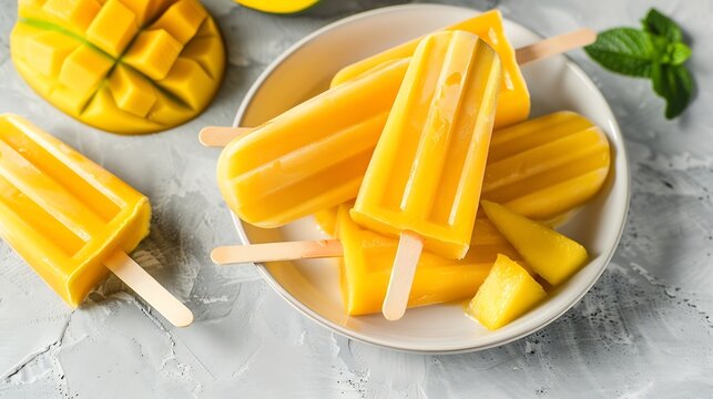 Plate of tasty mango ice pop on grey table flat lay Fruit popsicle : Generative AI
