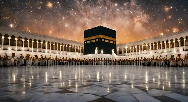 A Sacred Holy Place for Muslims Around the Globe.  4K Footage: Muslim Pilgrims Circumambulating the Kaaba at Masjidil Haram in Makkah, Saudi Arabia