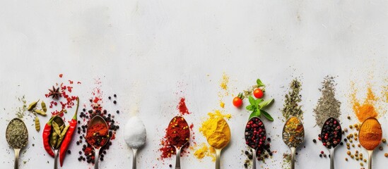 Spices displayed in spoons and scattered on a white backdrop with room for text.