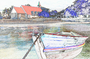 Église et barques à Cap Malheureux, île Maurice 