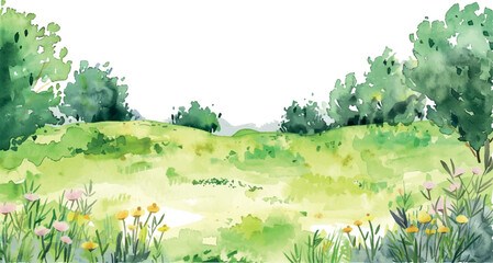 watercolor illustration background landscape with grass and trees