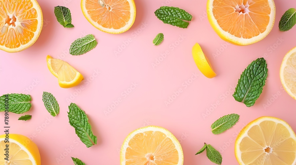 Aufkleber Citrus slices and mint herbs frame on retro pastel pink background with copyspace from above Top view of lemon and orange frame design banner : Generative AI